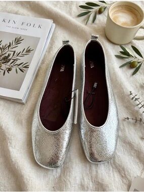 Zara Silver Crackle Ballet Flats for Women
